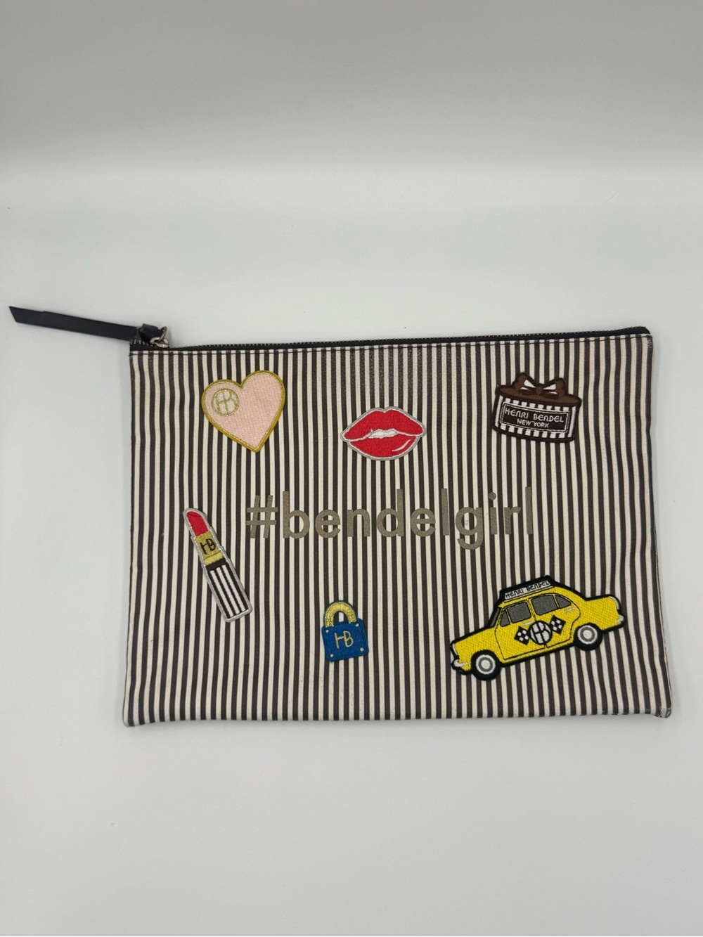 henri bendel Black & White Striped Patch Zip Pouch / Clutch